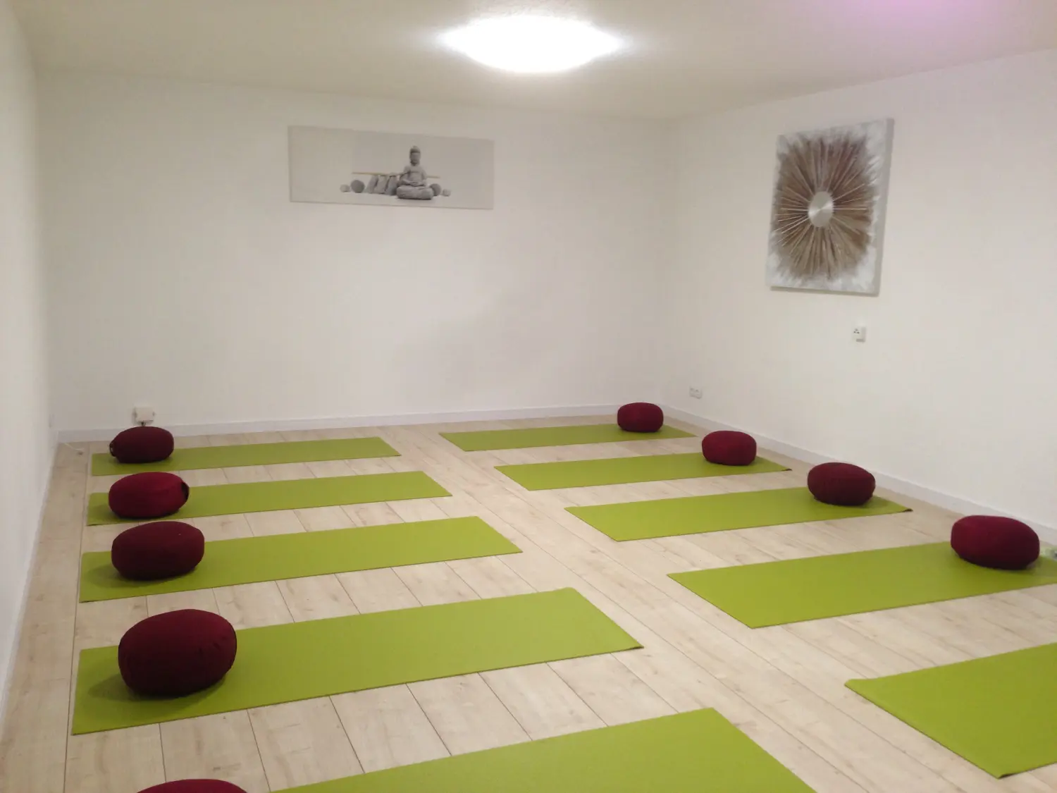 Anette Colling, Yoga-Studio drinnen, grüne Yogamatten und kastanienbraune Kissen