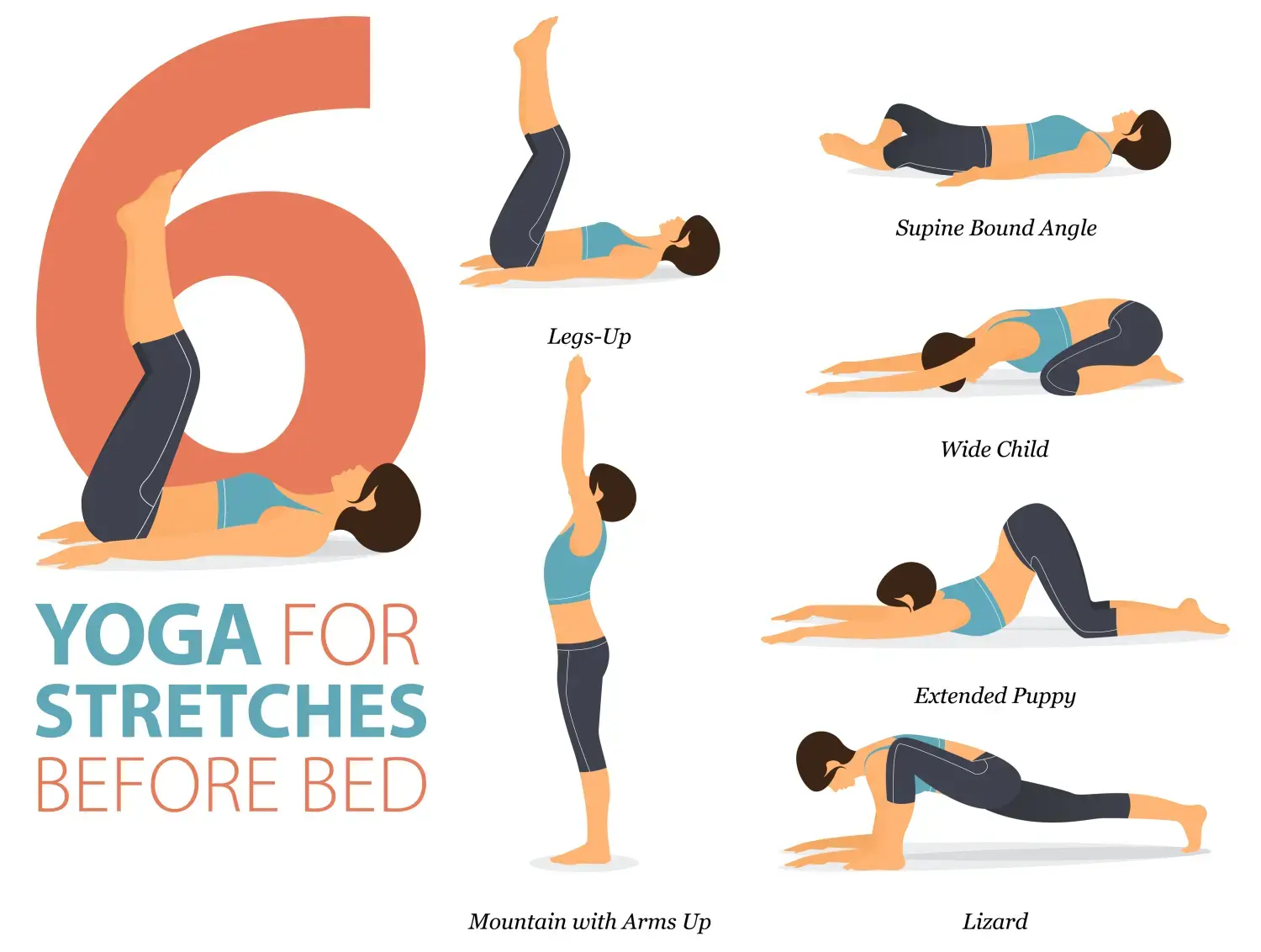 6 Yoga-Posen oder Asana-Haltungen für das Training im Stretches Before Bed-Konzept. Frauen trainieren zur Körperdehnung.