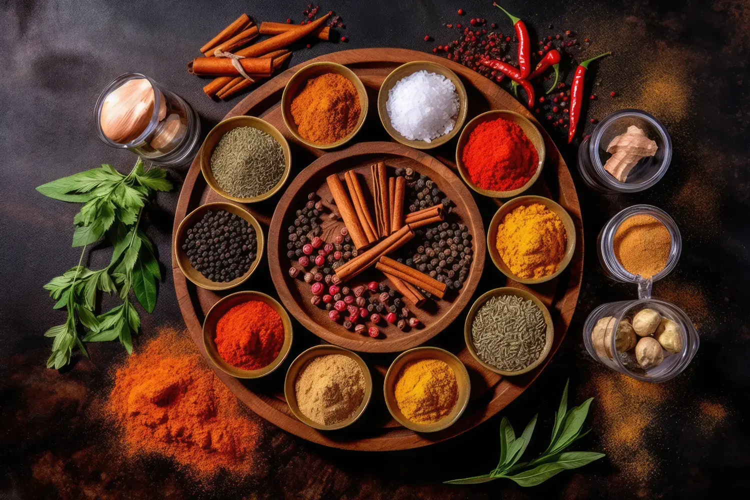 Verschiedene aromatische bunte Gewürze und Kräuter. Zutaten zum Kochen. Ayurveda-Behandlungen.